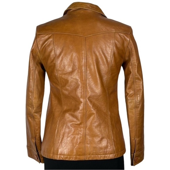 STEVE MADDEN Y2K RETRO 70'S CARAMEL LEATHER BUTTON DOWN CAR COAT JACKET - Picture 5 of 15